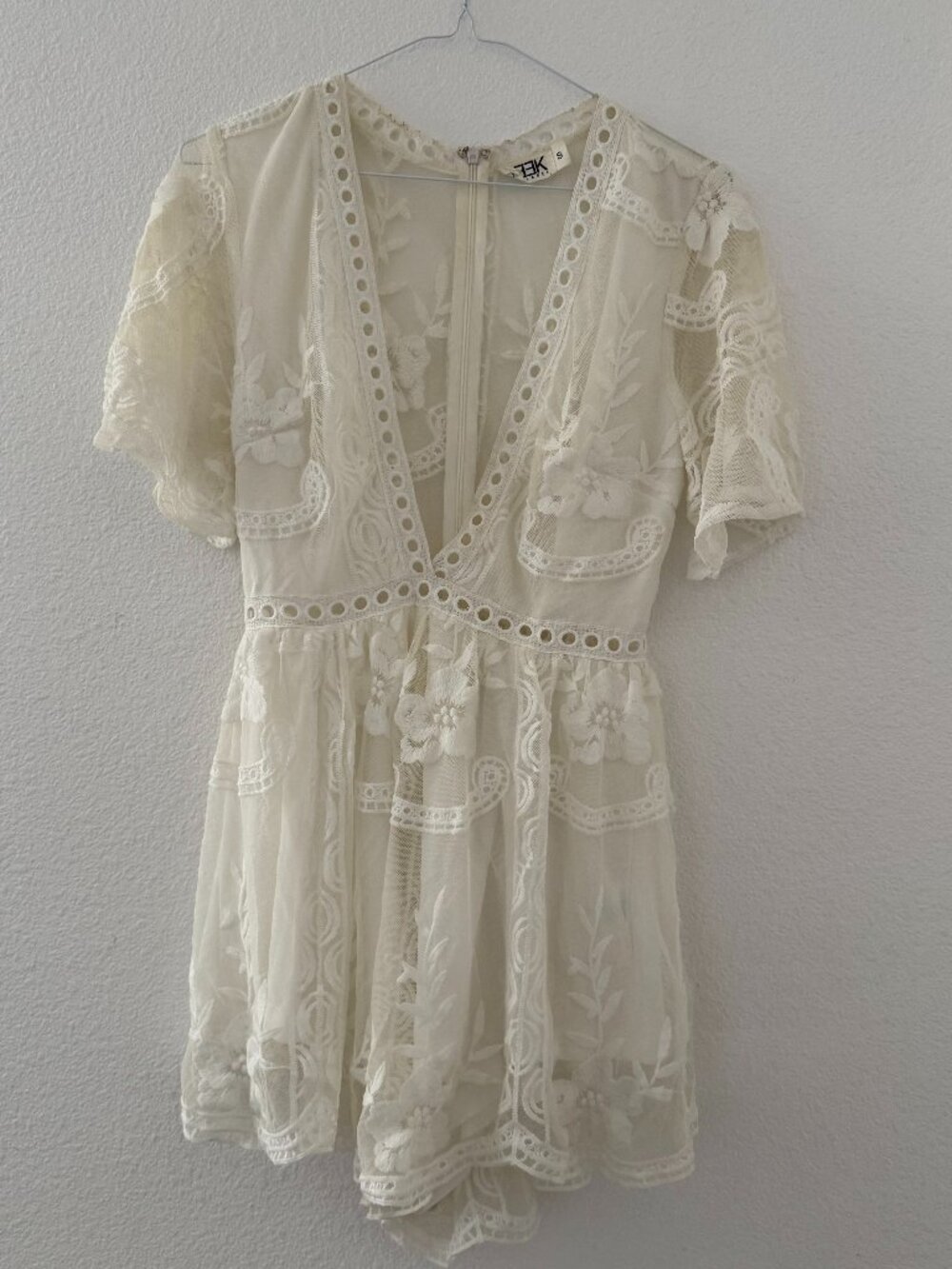 Seek The Label Lace Romper, Floral Embroidered Mesh Overlay, Deep V-Neck